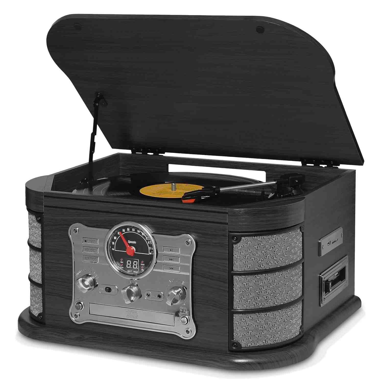 Vitrola Raveo Spazio Ebony: Som Clássico com Tecnologia Moderna - Bluetooth, CD, Cassete e Mais!