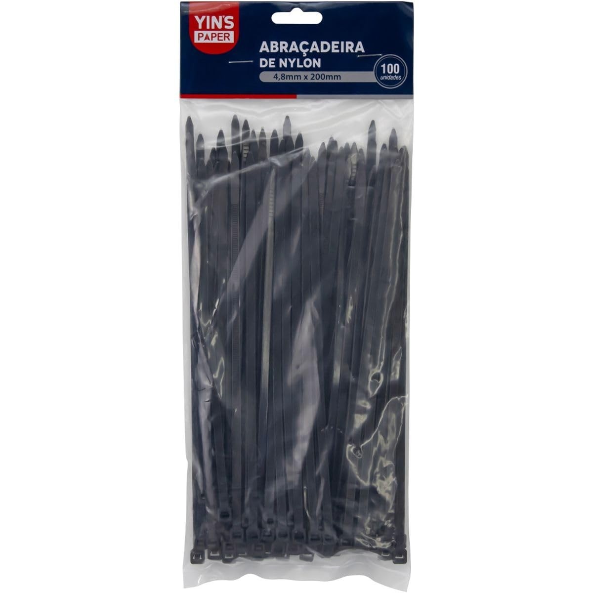 Abraçadeira de Nylon Preta Yins 4,8x200mm - Pacote com 100 Unidades | Organização e Segurança