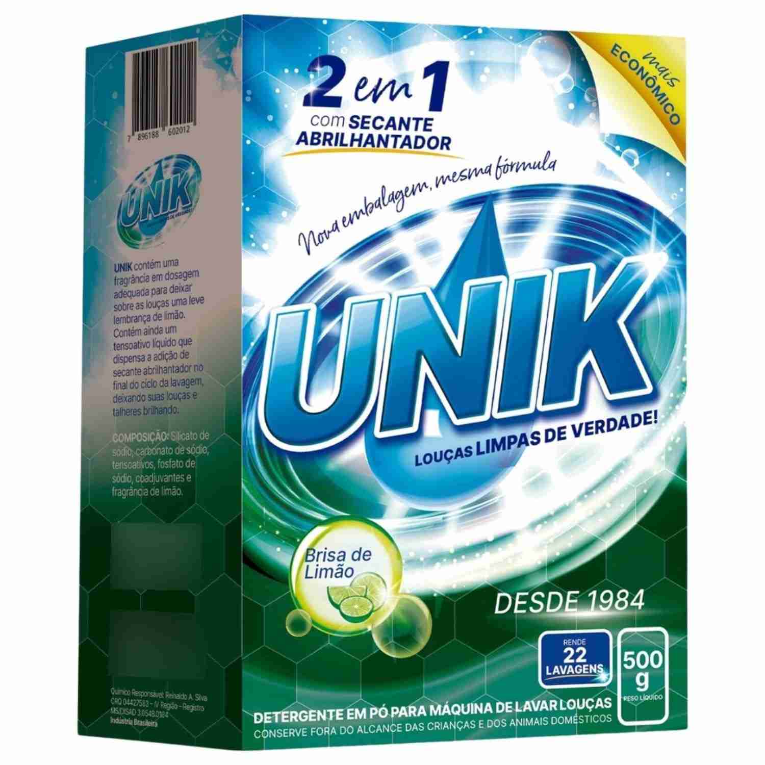 Detergente 2 em 1 Secante Abrilhantador Brisa de Limão Lava Louças 500g Unik - Potência e Fragrância Refrescante