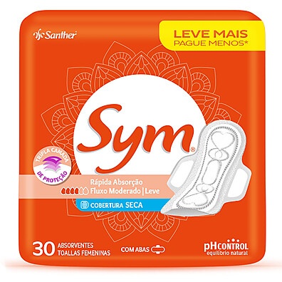 Absorvente Sym Cobertura Seca com Abas 30 Unidades – Leve Mais Por Menos