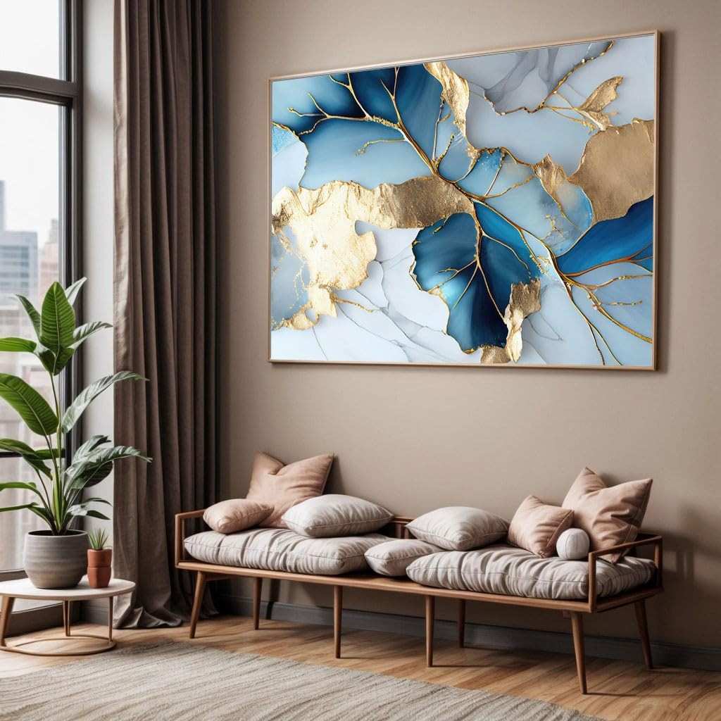 Quadro Decorativo Abstrato Azul Mármore 130x90cm - Moldura Moderna para Sala e Quarto