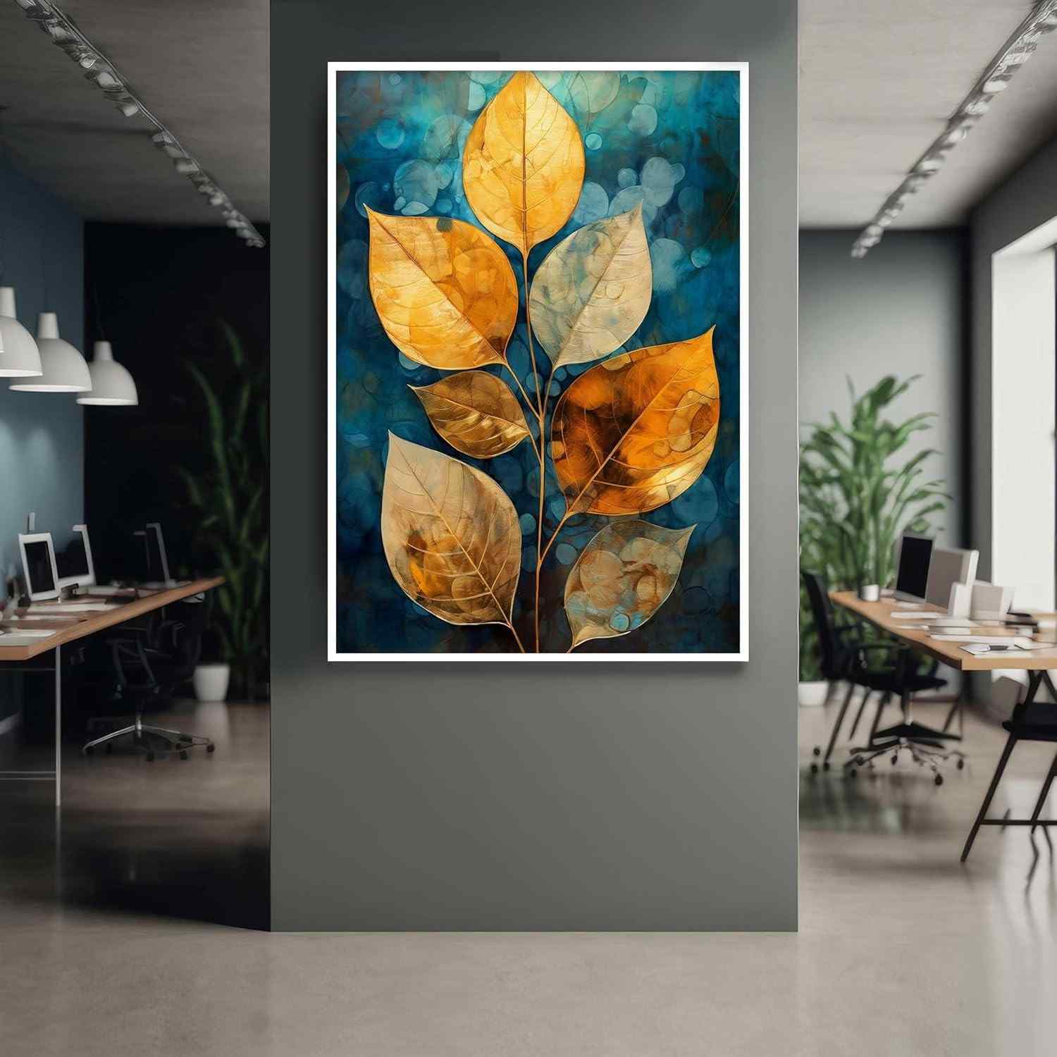 Quadro Decorativo Abstrato com Moldura - Planta Folhas Dourada Azul Verde para Sala e Quarto