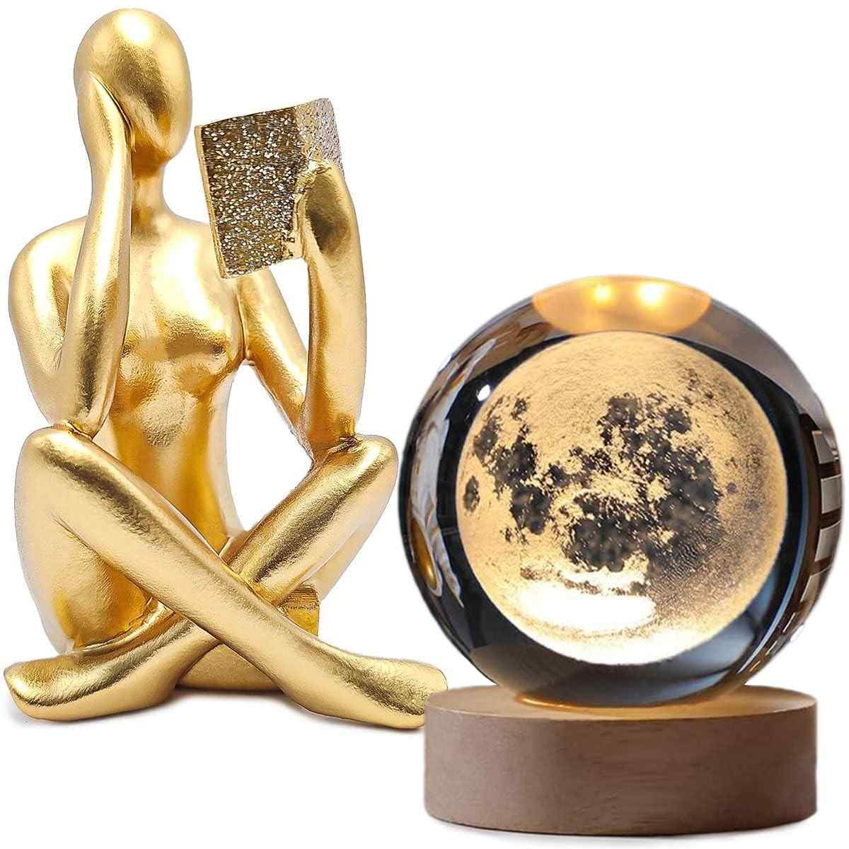 Kit Decorativo Luminária Galáxia Bola de Cristal + Estátua Pensador Abstrato - Decoração Criativa e Inspiradora