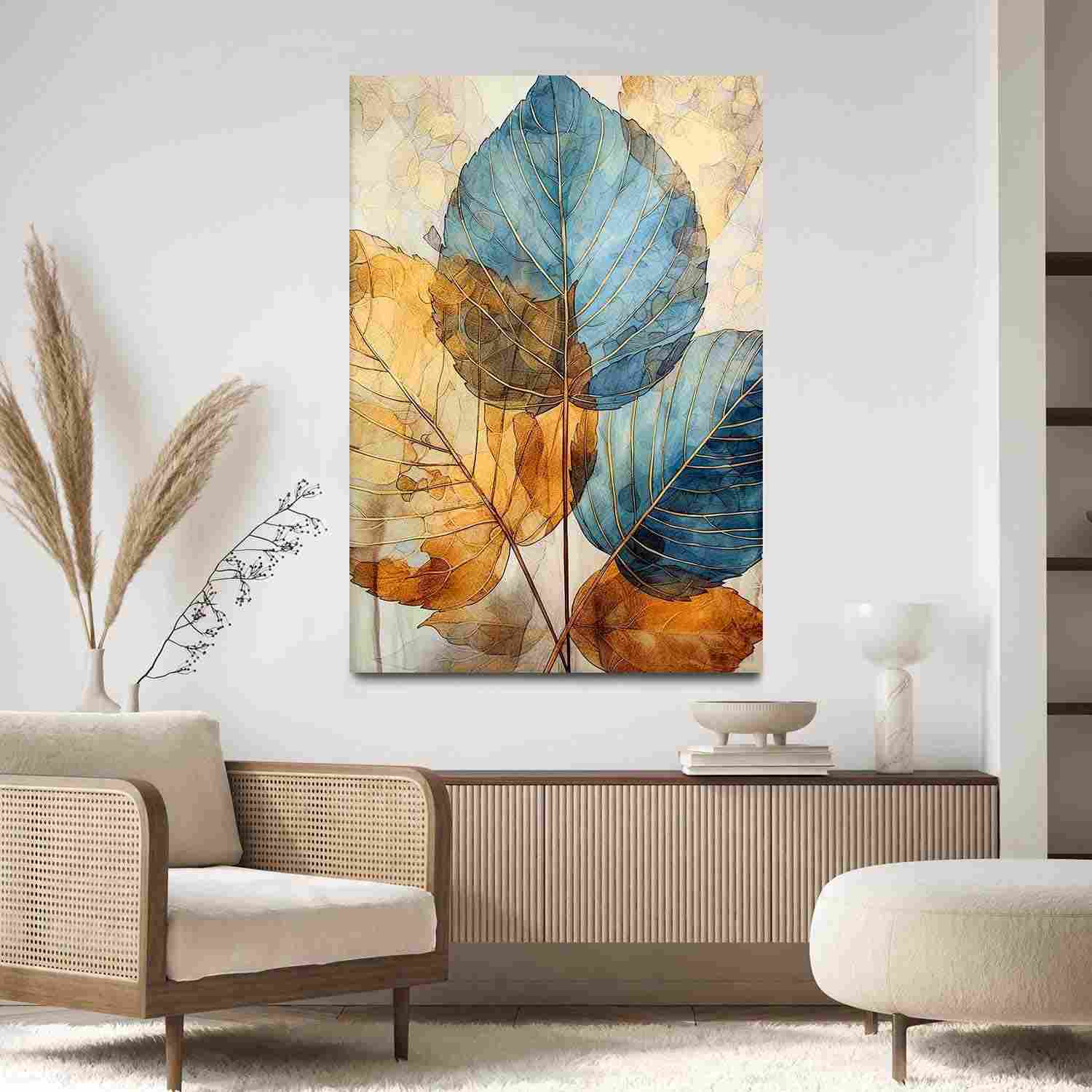 Quadro Decorativo Folhas Clean Azul Dourado 90x60 - Estilo Abstrato para Sala e Quarto