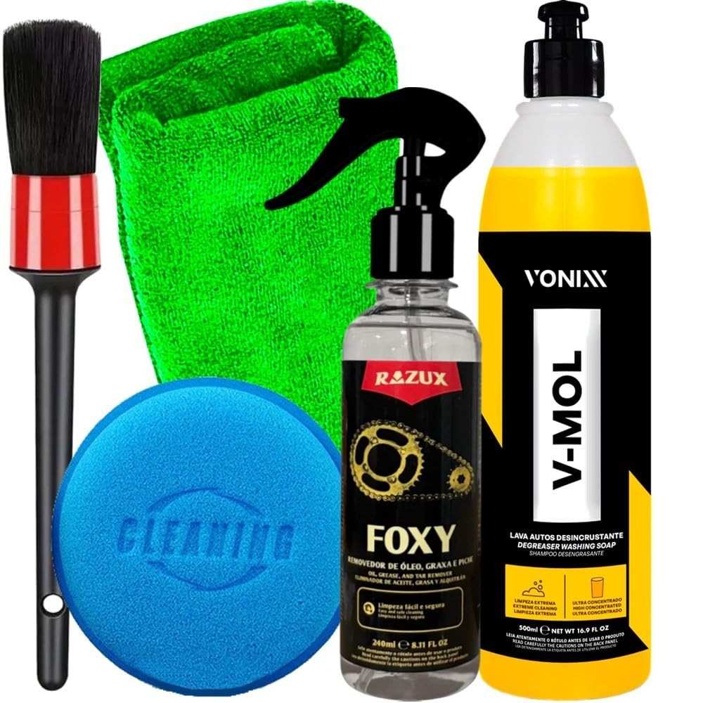 Kit Completo Limpeza Moto: Shampoo V-Mol + Limpa Corrente Razux + Acessórios