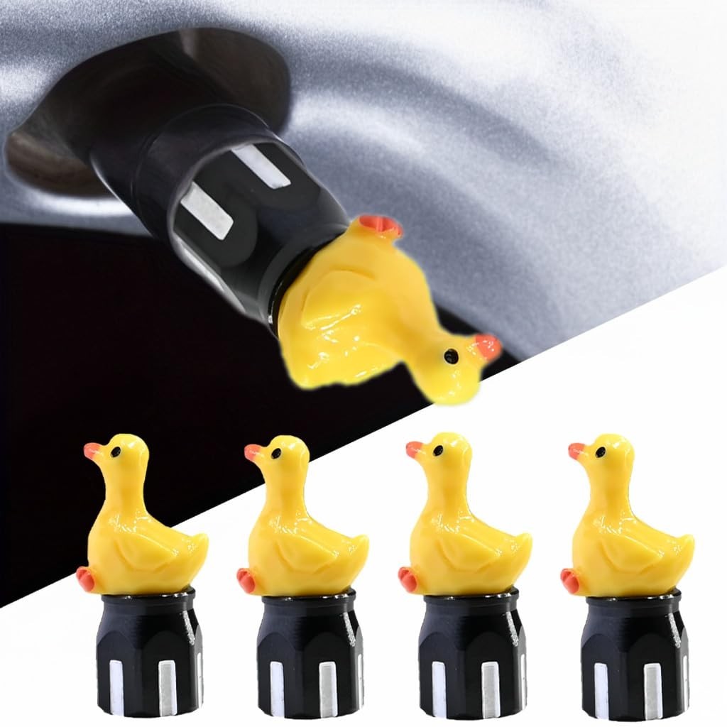 Kit 4 Tampas Divertidas Ganso Amarelo para Válvulas Schrader - Acessórios Criativos para Carros e Bikes