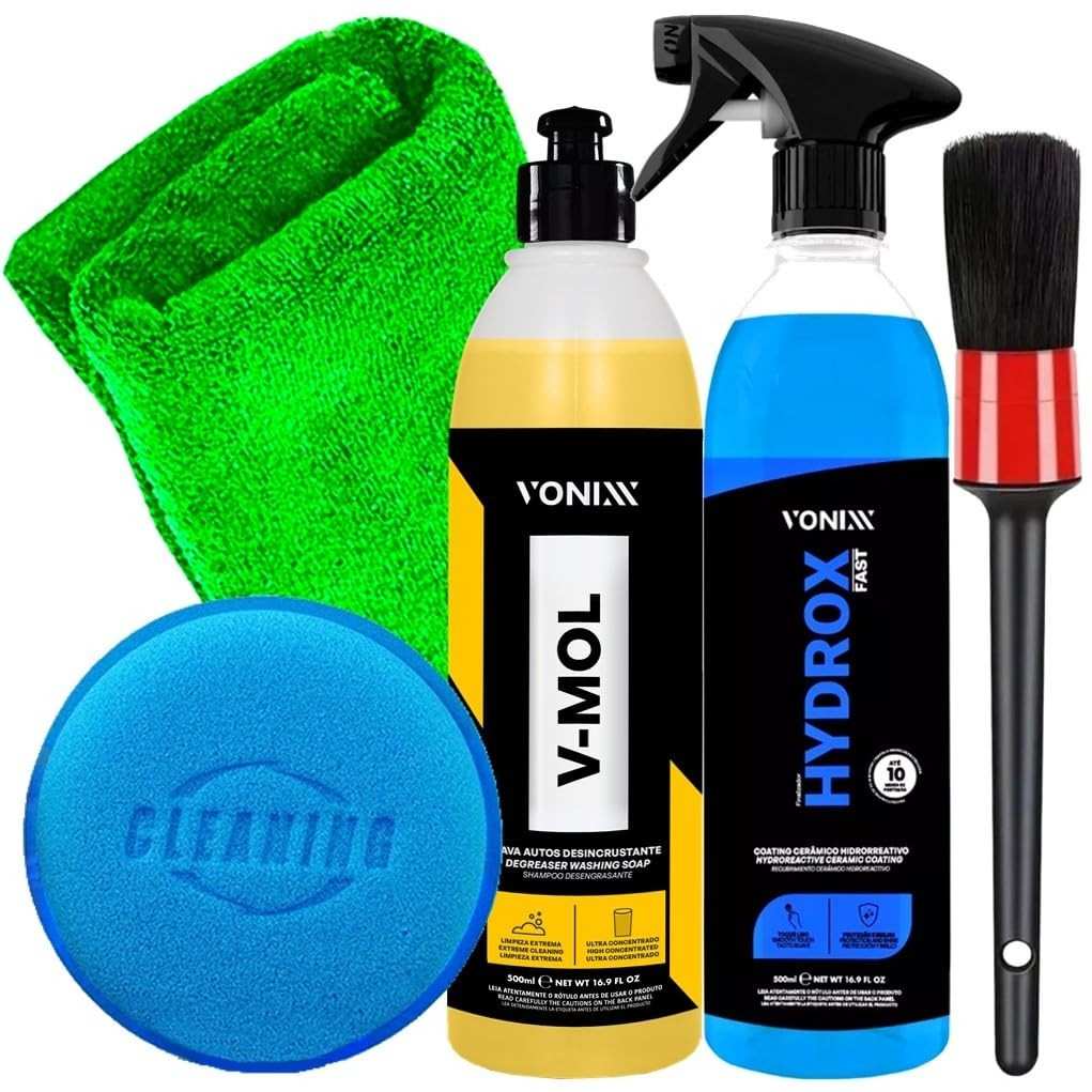 Kit Completo Vonixx V-Mol 500ml + Hydrox Fast 500ml + Acessórios Karbox para Detalhamento Automotivo