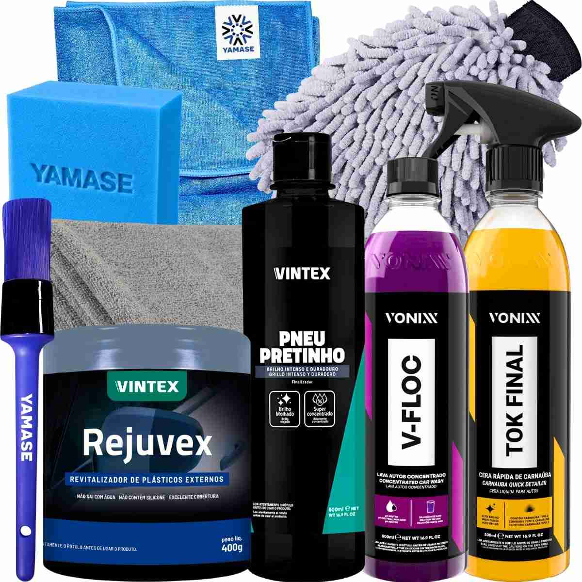 Kit Completo Lavagem Moto e Carro Vonixx: V-Floc, Pretinho, Tok Final e Acessórios Premium