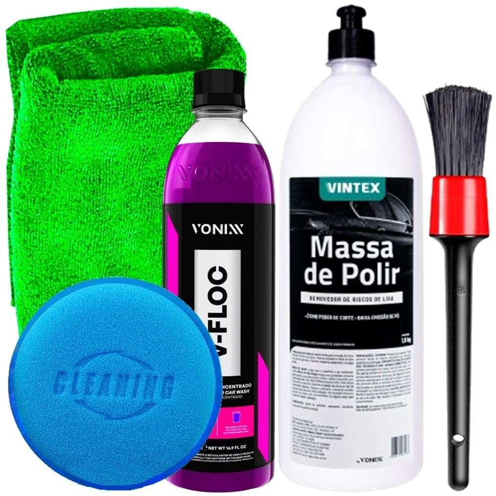 Kit Completo Limpeza Automotiva: Shampoo V-Floc, Massa Vintex, Toalha Microfibra e Acessórios Karbox