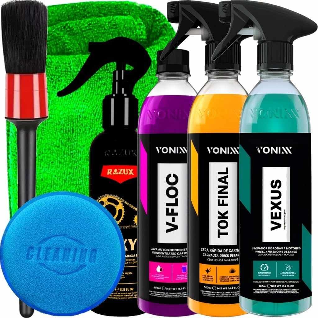 Kit Completo Detalhamento Automotivo Vonixx & Razux: Vexus, Tok Final, V-Floc, Foxy + Acessórios Karbox