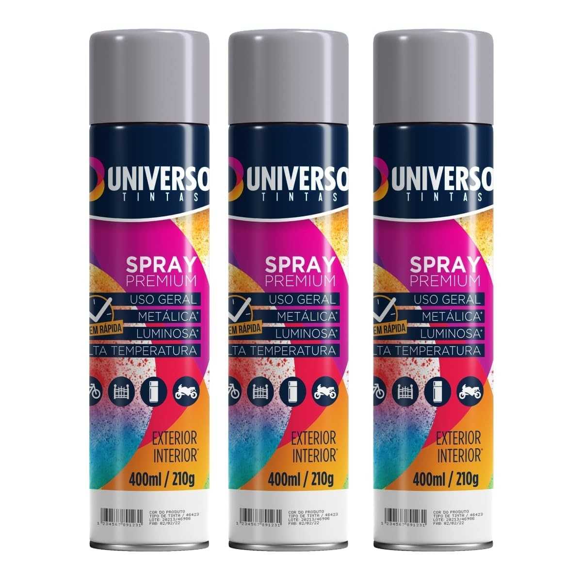 Tinta Spray 400ml Cinza Uso Geral em Aço Ferro Couro Gesso Cerâmica | Universo | Kit 03 un