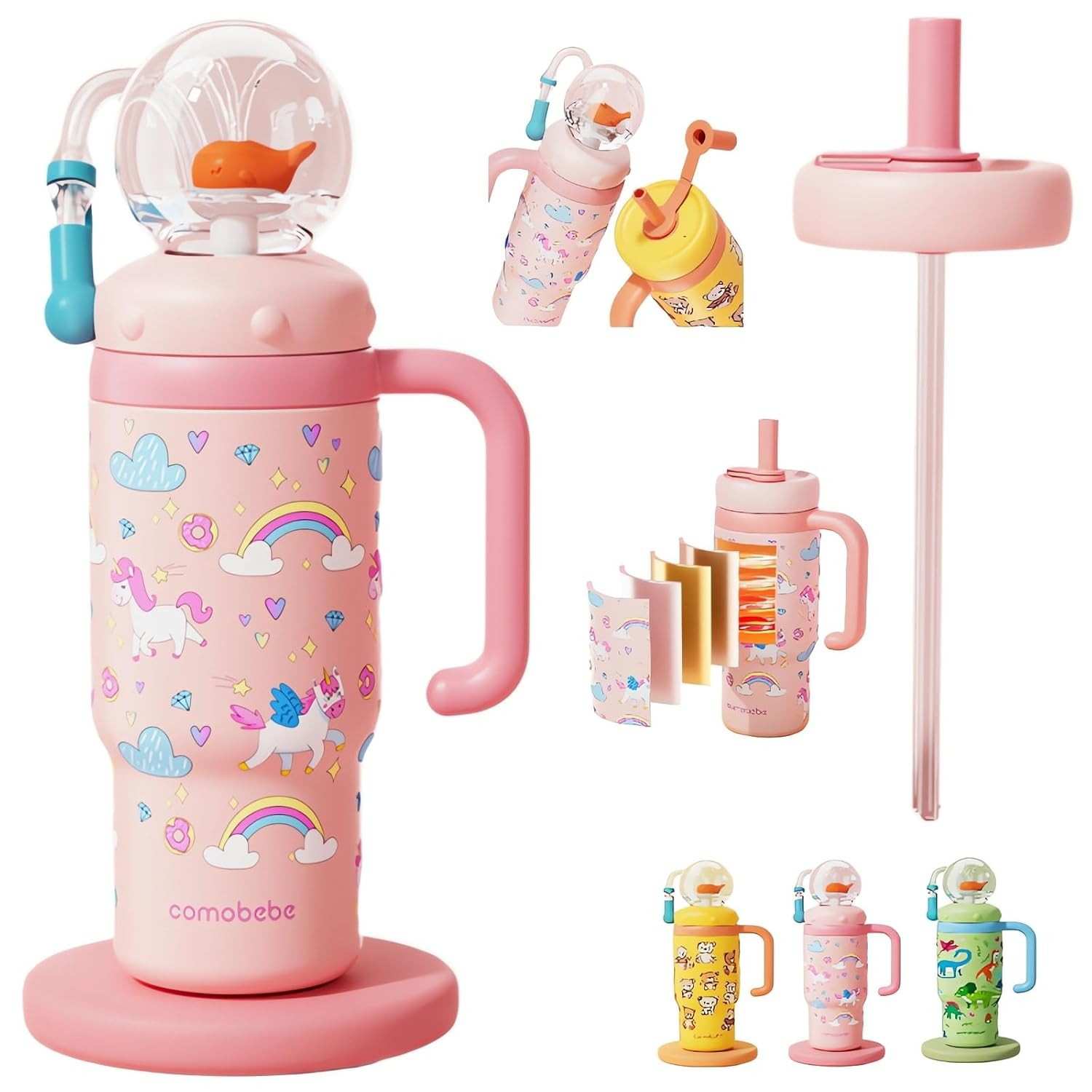 Copo de Fonte de Baleia com Isolamento - 710ml ou 350ml - Aço Inox com Canudo e Design Infantil Fofinho