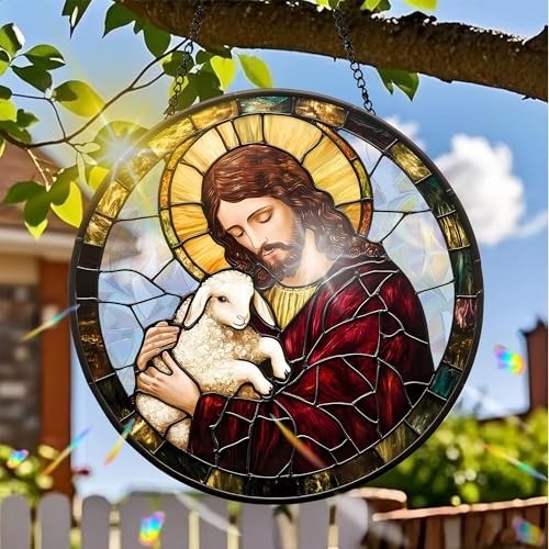 Acrílico Colorido Suncatcher Jesus com Design de Vitral - Refrator de Luz Solar para Decoração Interna e Externa