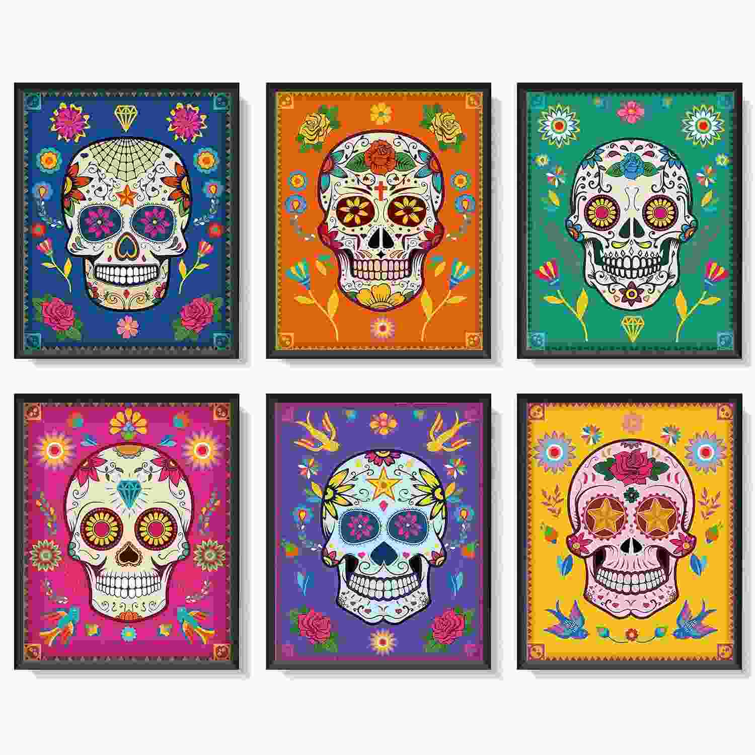6 Peças de Decoração de Parede Caveira de Açúcar - Dia dos Mortos | Arte Mexicana Vibrante para Sala, Quarto e Escritório