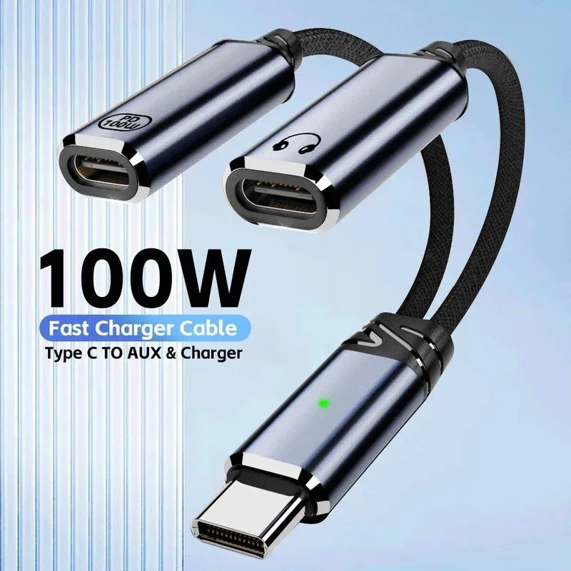 Adaptador USB-C 2 em 1: Áudio + Carga Rápida 100W