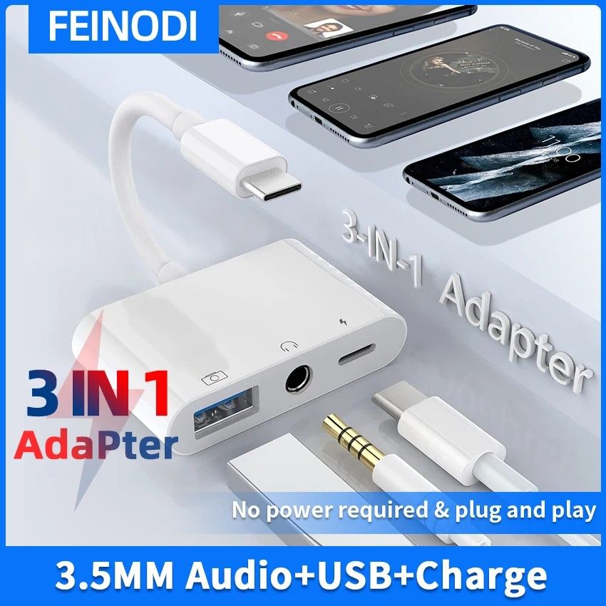 Adaptador USB-C 3 em 1: Áudio, Carga e OTG