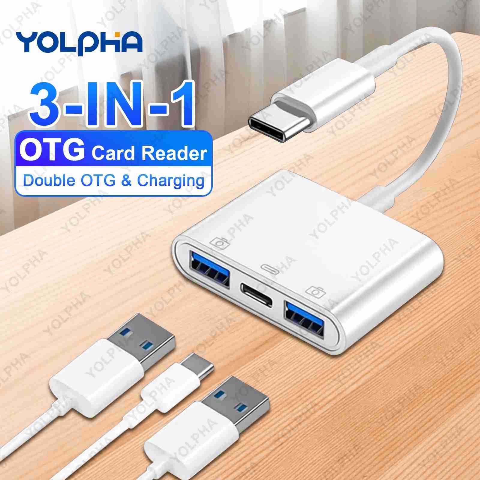 Adaptador USB-C 3 em 1: Leitor, OTG e Carregador