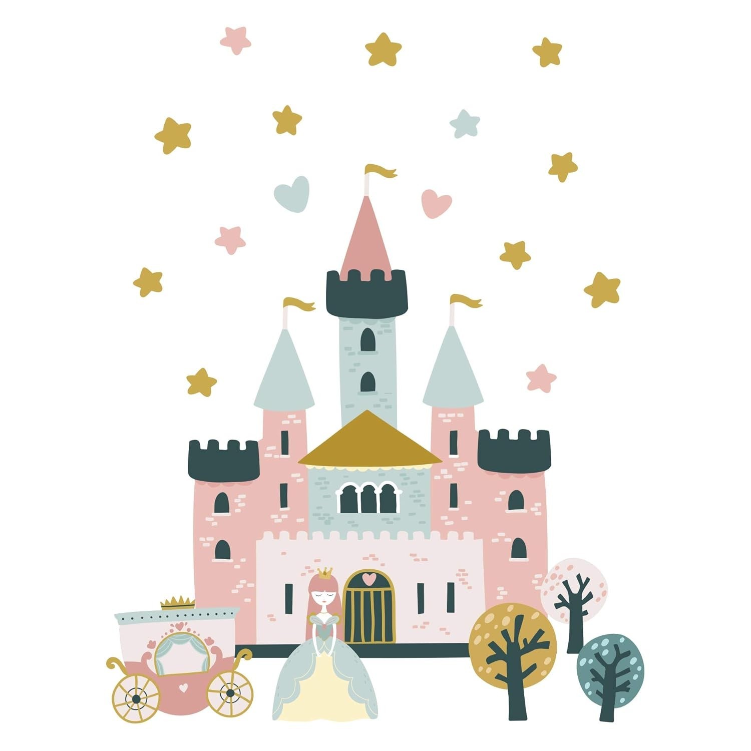 Adesivo de Parede Princesa Castelo e Carruagem 21 Peças - Decore o Quarto dos Sonhos