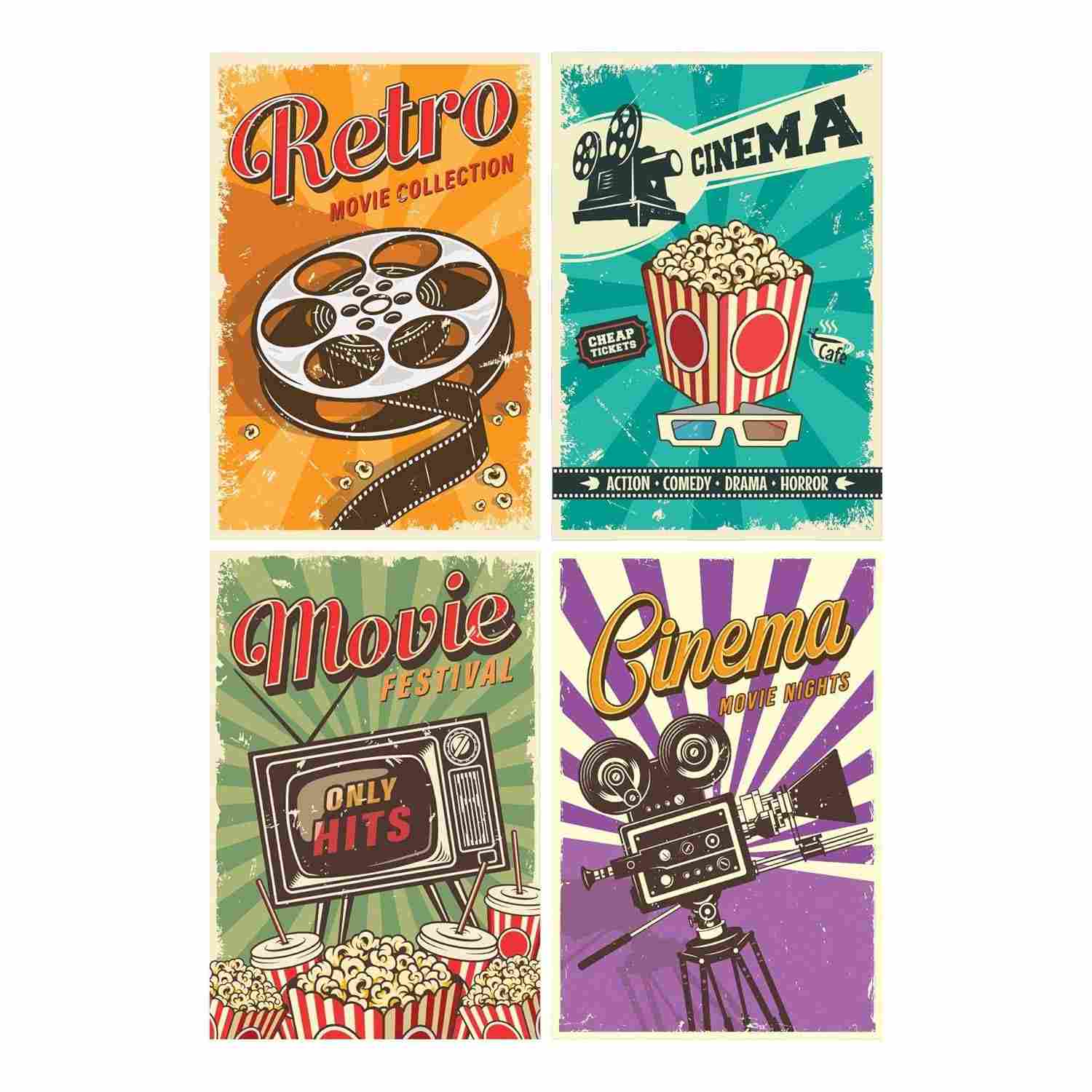 Placas Decorativas Vintage Cinema 20x30cm – Kit com 4 Unidades | Acabamento Premium com Adesivo