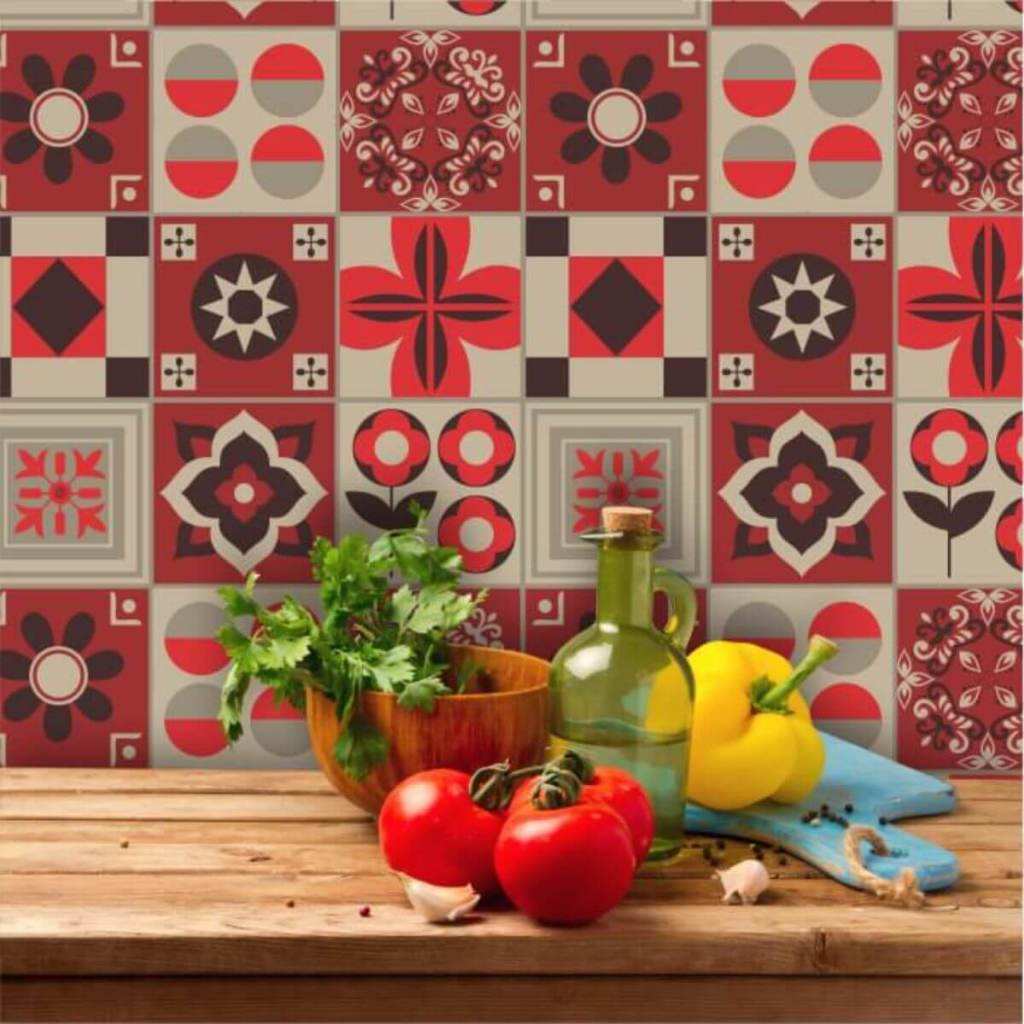 Adesivos de Azulejo Bege e Vermelho: Renove Já!