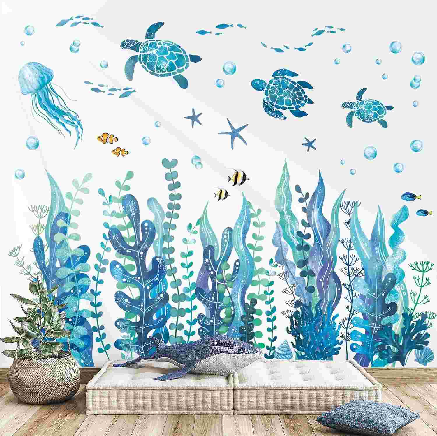 Adesivos de Parede DECOWALL DS12-8084 - Cenário Submarino com Tartarugas, Peixes e Algas Marinhas para Decoração Infantil