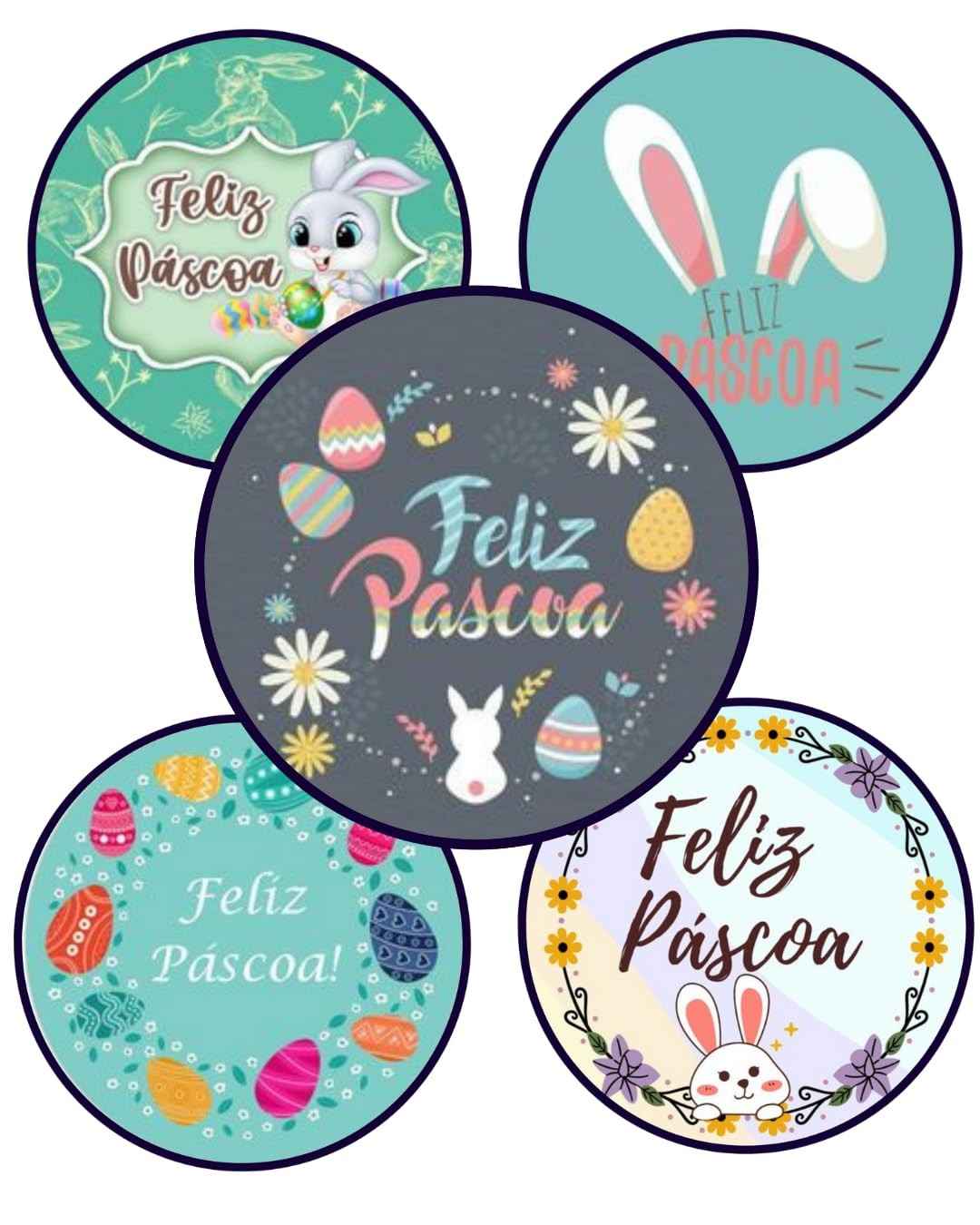 Adesivos Redondos Feliz Páscoa - Kit 50 Unidades com Coelhinhos e Ovos - Design Aquarela para Embalagens e Presentes