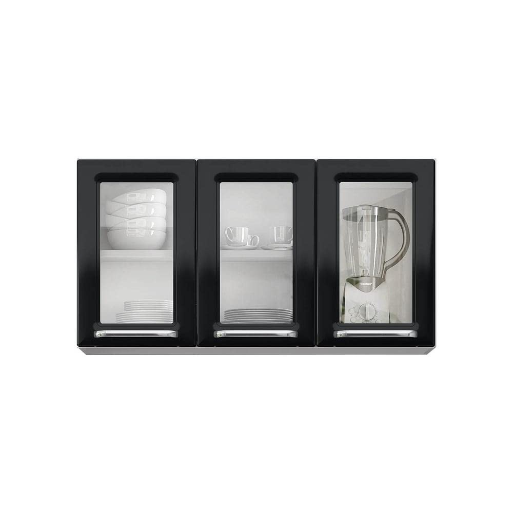 Armário Aéreo de Cozinha com 3 Portas de Vidro Luce 2018 - Itatiaia Branco/Preto