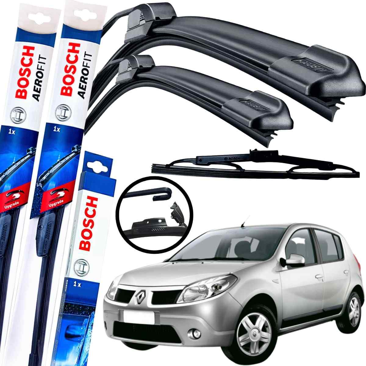 Kit Palhetas Limpador Parabrisa Bosch Aerofit Dianteiro + Traseiro Sandero 2007-2014