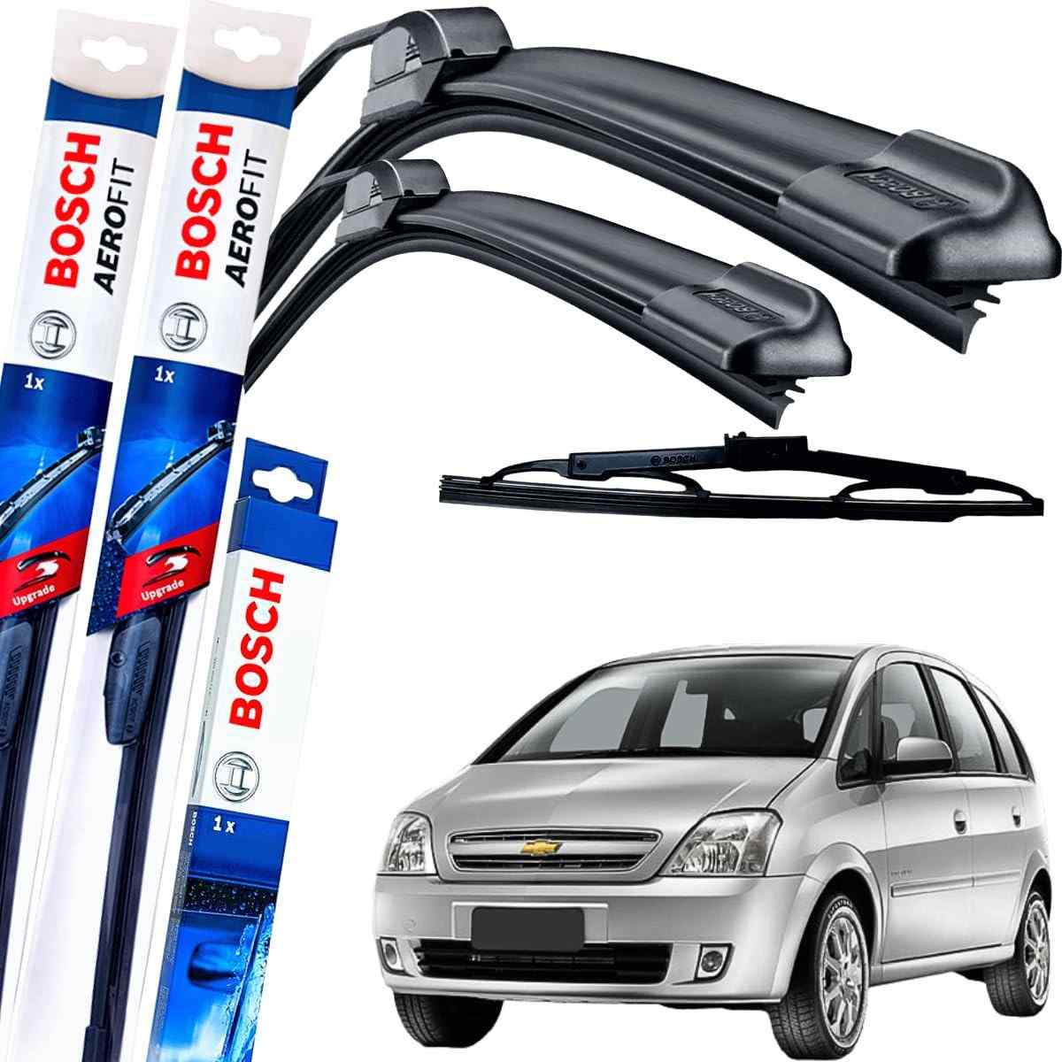 Kit Palheta Limpador Parabrisa Bosch Aerofit Dianteira + Traseira para Meriva (2004-2012)