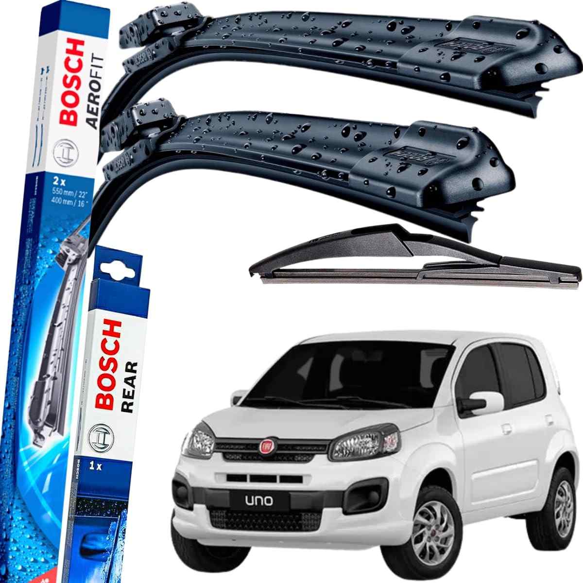 Kit Palheta Limpador Parabrisa Bosch Aerofit Dianteiro + Traseiro Fiat Uno 2014-2020