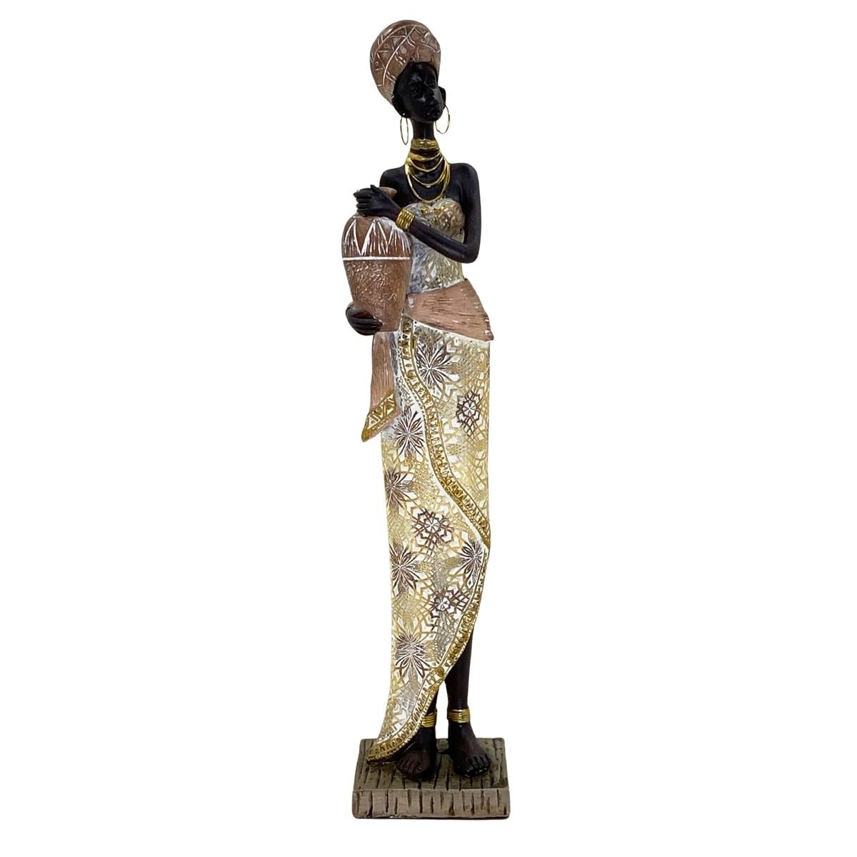 Estatueta Africana Decorativa em Resina - Design Tradicional com Detalhes Dourados 39x7x8 cm