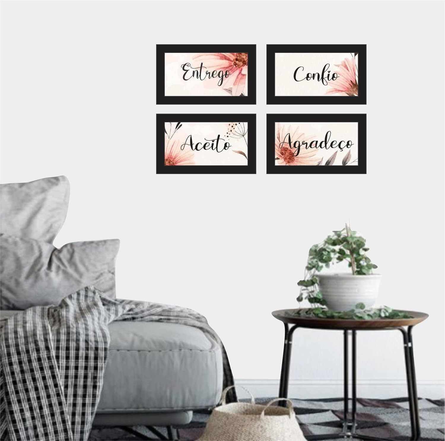 4 Quadros Decorativos Entrego Confio Agradeço com Design Floral - Sala e Quarto