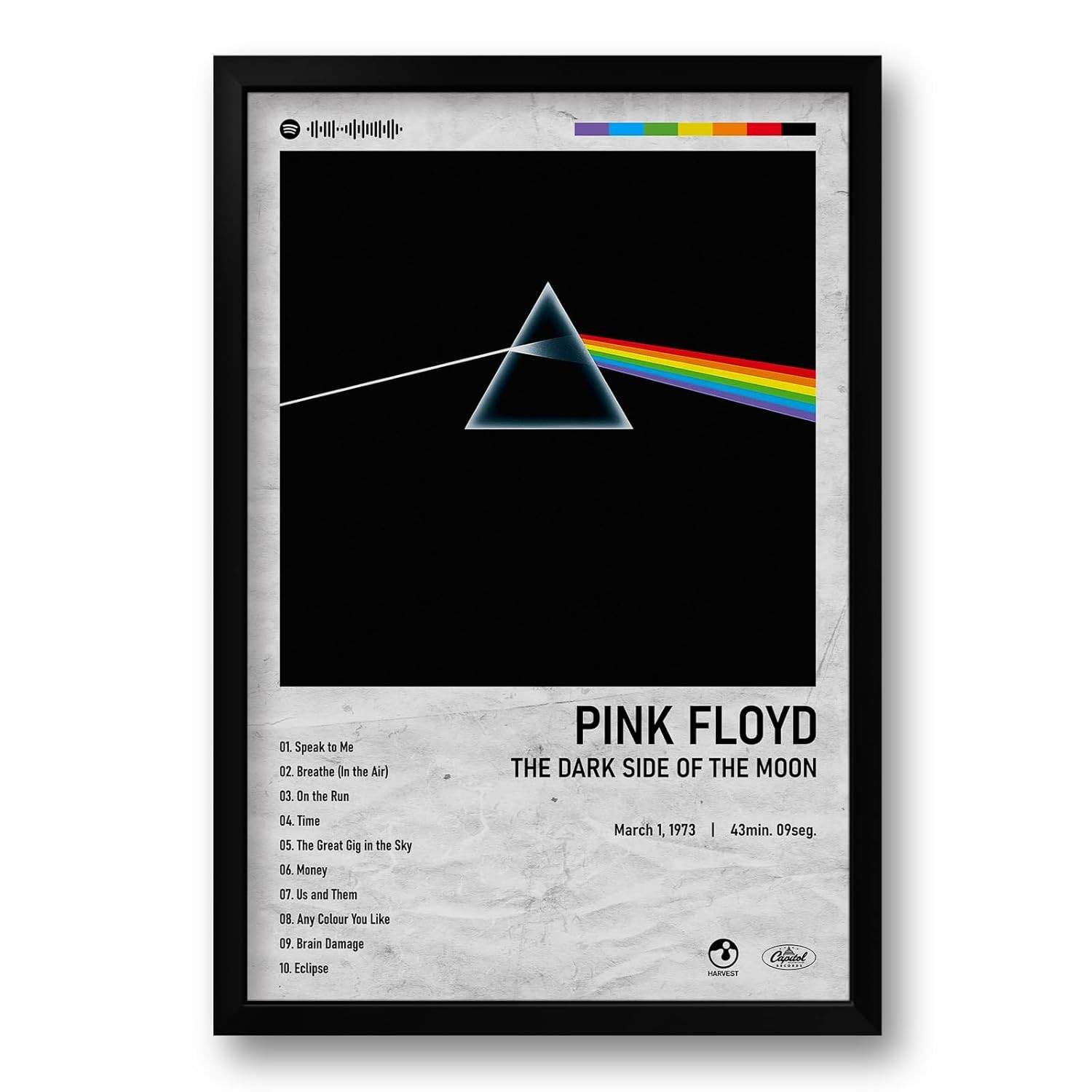 Quadro Álbum Spotify The Dark Side of the Moon - Pink Floyd - 40x60cm | Impressão Premium em Vinil com Moldura de Madeira