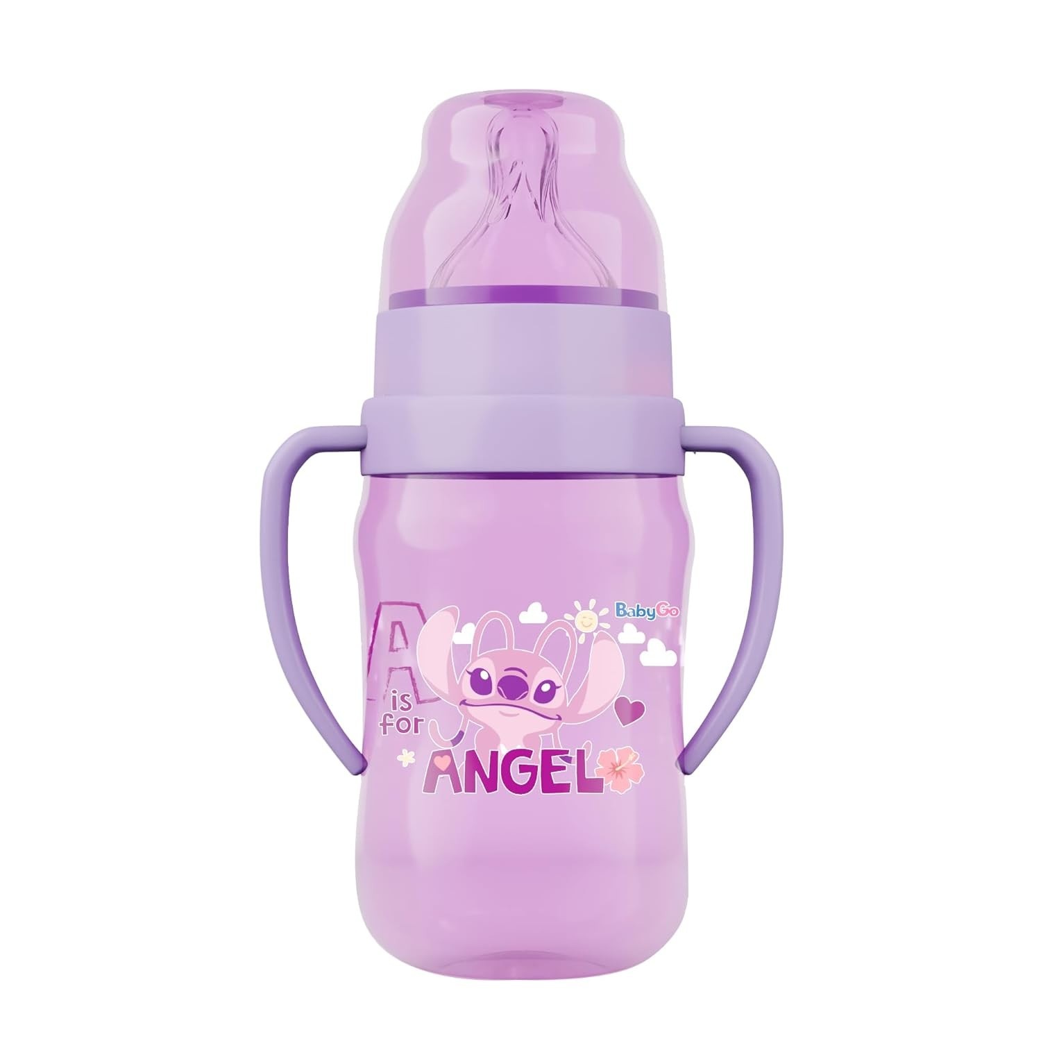 Mamadeira Stitch Angel com Alças Removíveis 300ml Wide Neck Rosa - Design Ergonômico e Seguro para Bebês