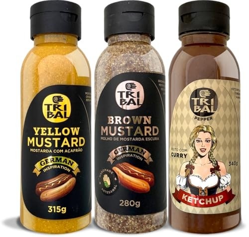 Mostarda Amarela, Mostarda Escura Rústica e Ketchup Alemão com Curry, Pacote com 3 Sabores