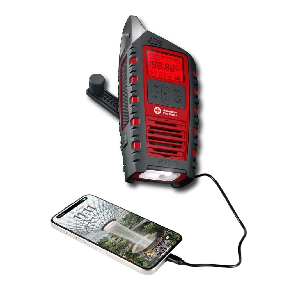 Rádio de Emergência Eton Odyssey: Multibanda, Bluetooth, RDS e Alerta Meteorológico em Vermelho Vibrante