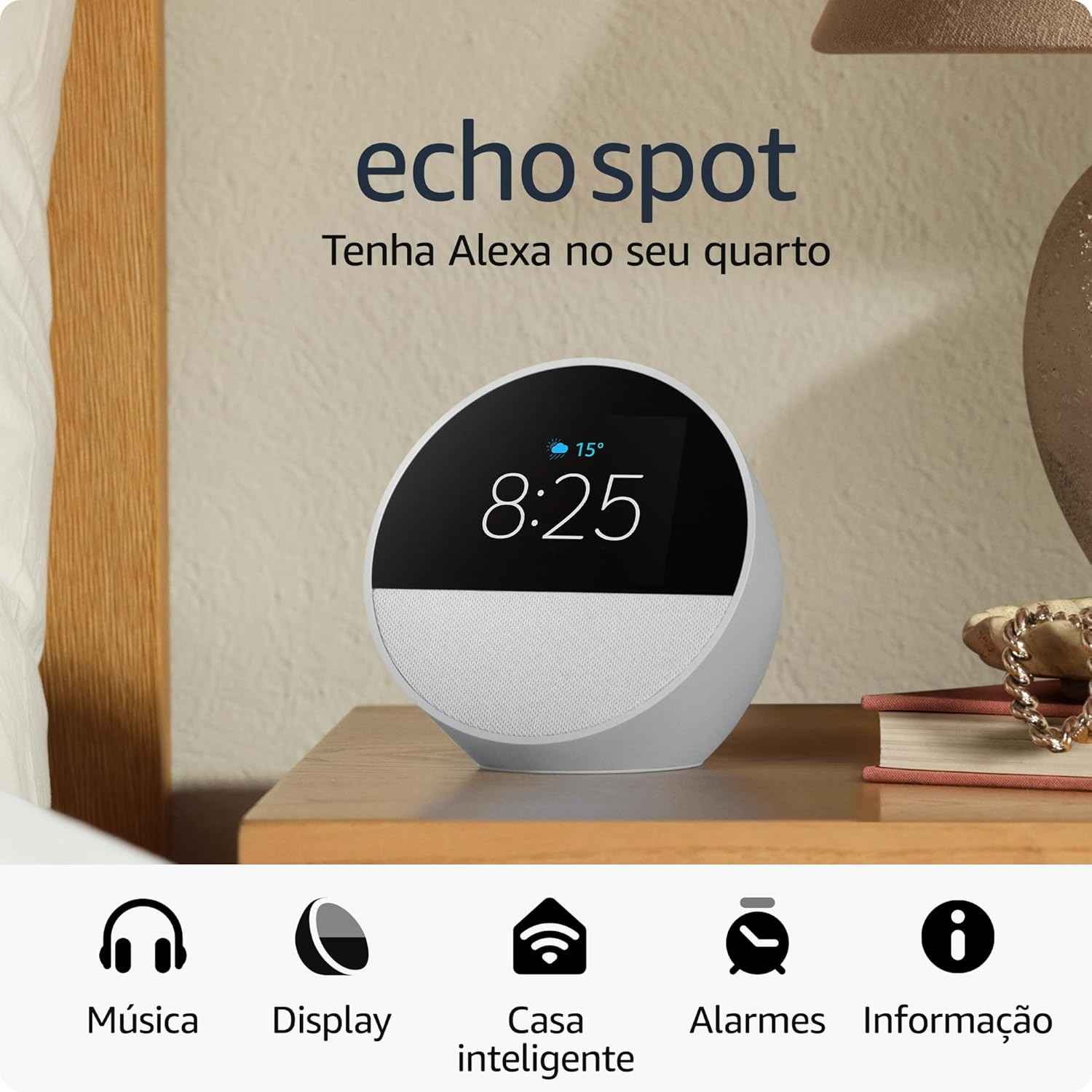 Echo Spot com Alexa: Despertador Inteligente com Som Vibrante e Design Moderno (Geração Recente)