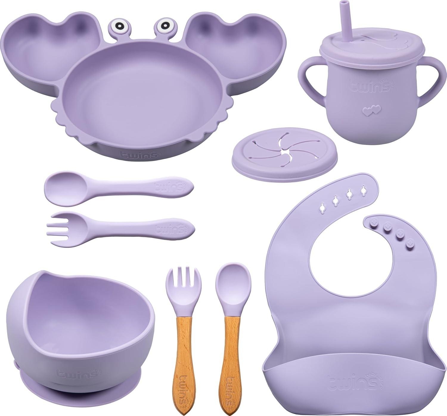 Kit Alimentação Bebê Silicone Completo 9 Peças - BLW, Antiderrapante, Livre de BPA (LILÁS)