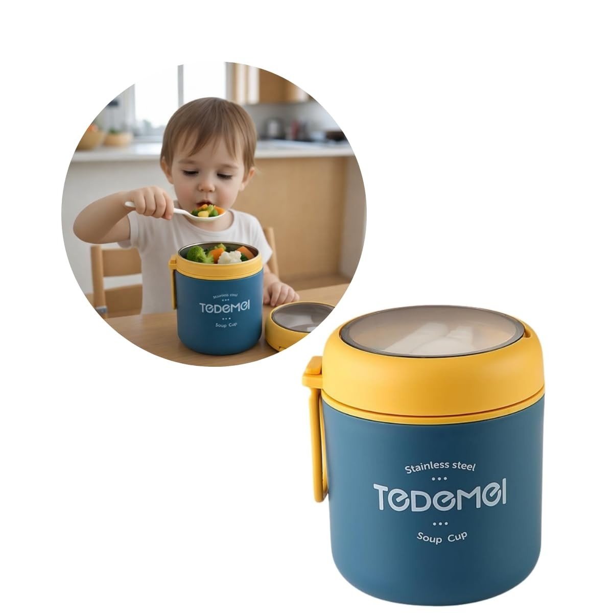 Pote Térmico Infantil em Aço Inoxidável Azul - Alimentos Quentes ou Frios por Horas, Seguro e Antivazamento