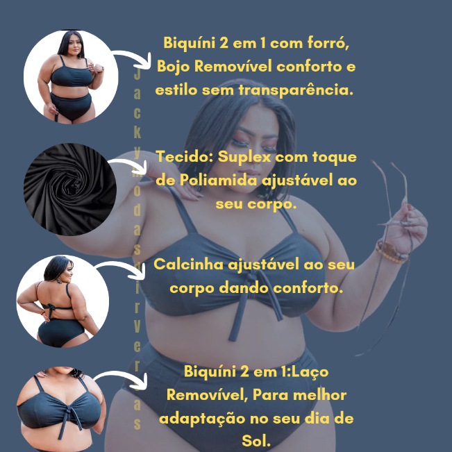 Biquíni Plus Size 2 em 1 com Bojo Removível e Cintura Alta