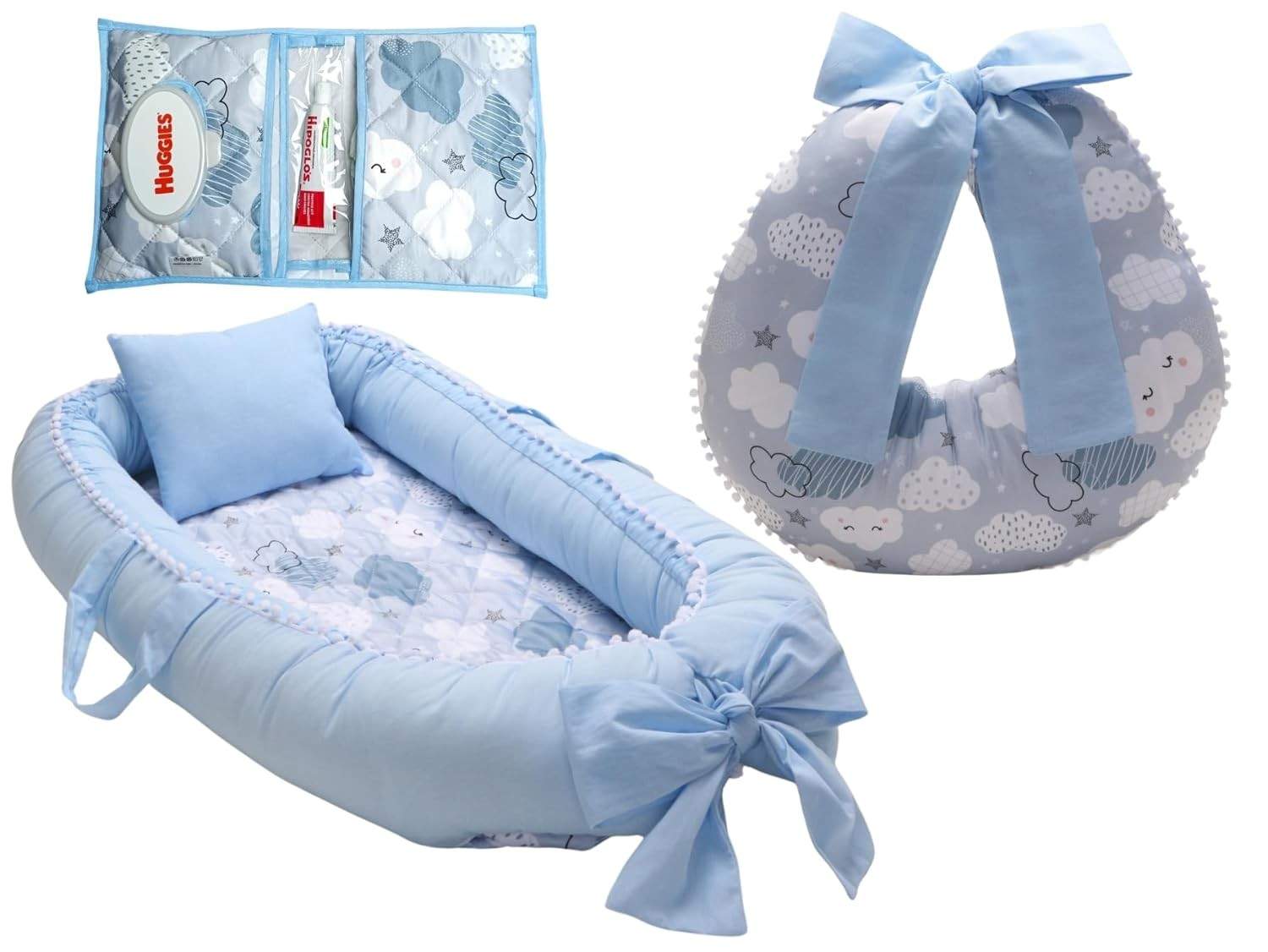 Kit Completo para Bebê Menino: Almofada Amamentação + Ninho Redutor + Porta Fralda Azul Nuvem