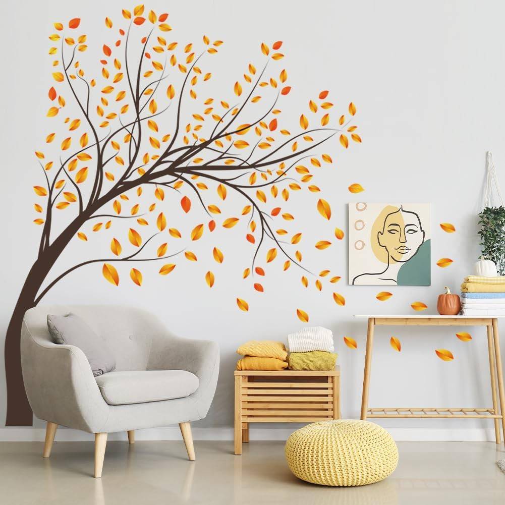 Decalques de Parede de Árvore de Outono - Adesivos Impermeáveis para Decoração DIY com Folhas Amarelas