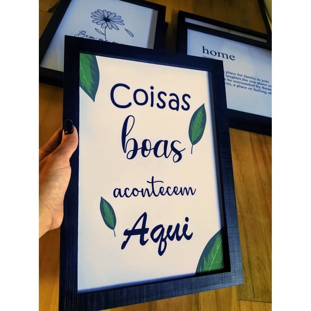 Quadro Decorativo Coisas Boas Acontecem Aqui com Design Folhas - Inspire Positividade no Ambiente