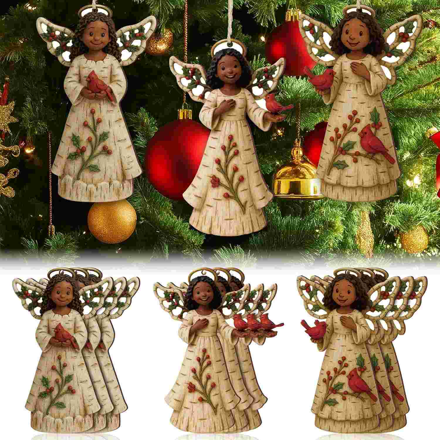 Ornamentos de Natal Afro-Americanos em Madeira - 12 Peças com Anjos e Pássaro Cardinal