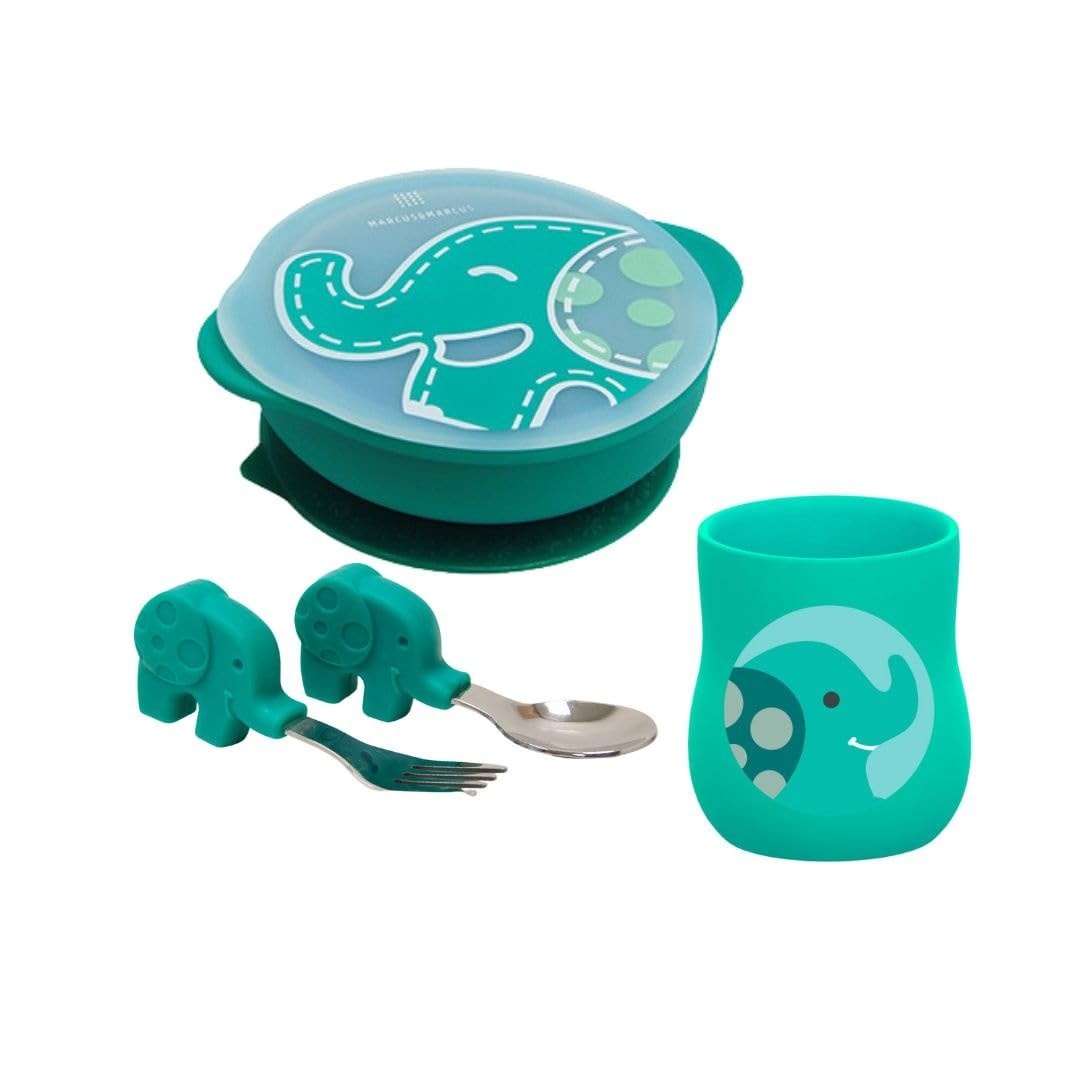 Kit Alimentação Copo Anatômico, Tigela e Talheres Elefante - Marcus & Marcus | Seguro e Saudável para Bebês