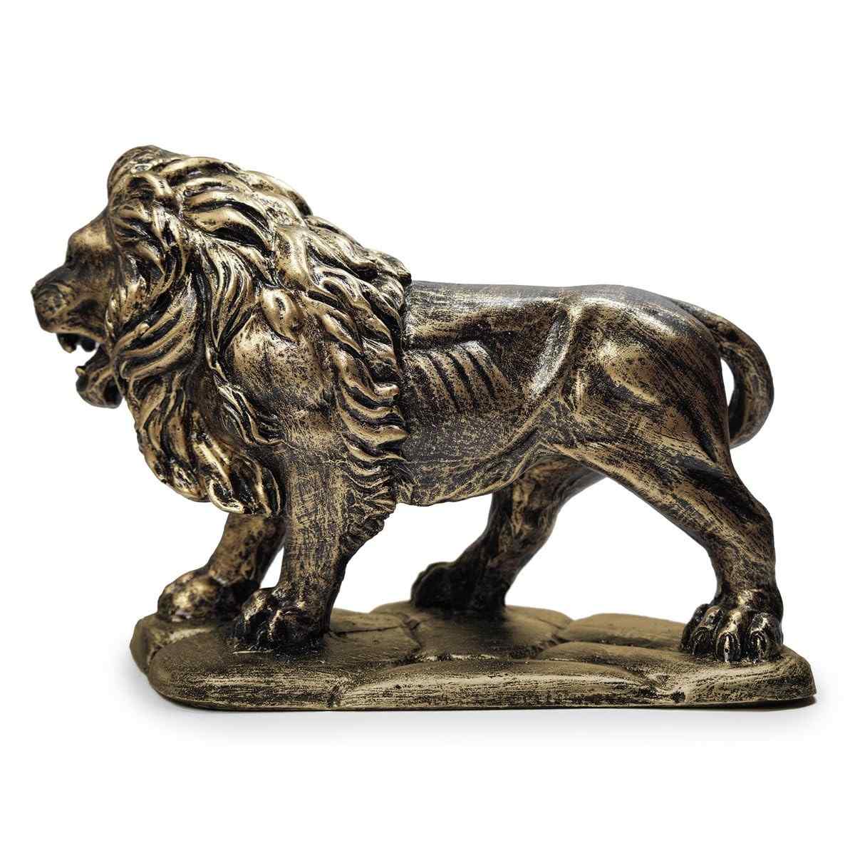 Leão Andando Em Pé - Estátua Decorativa Dourada com Base Luxuosa