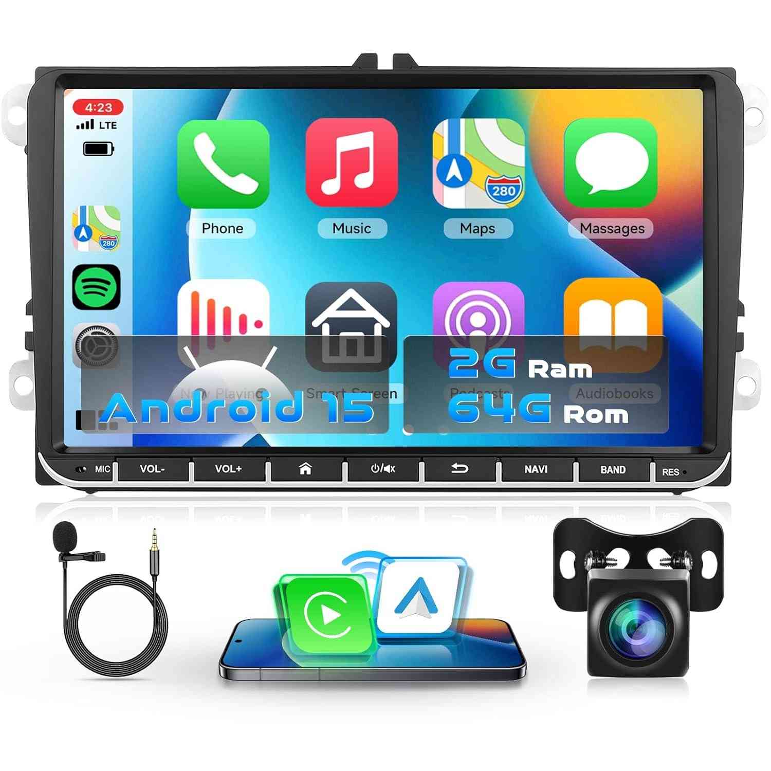 Central Multimídia Android 13 2G+64G 23cm para VW: Carplay, Android Auto e GPS