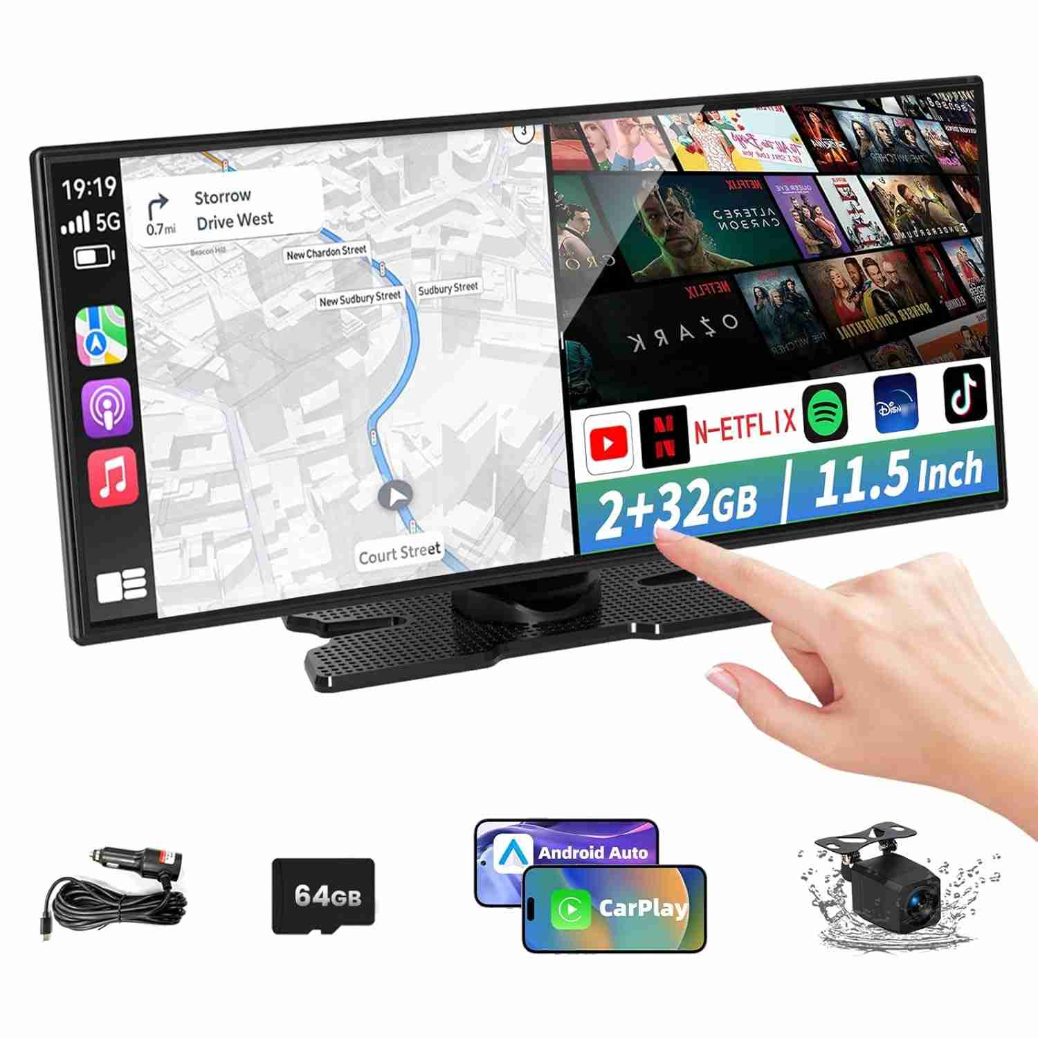 Tela CarPlay Sem Fio 11.5" para Carro: Netflix, YouTube, TikTok, Android Auto e Câmera 1080p