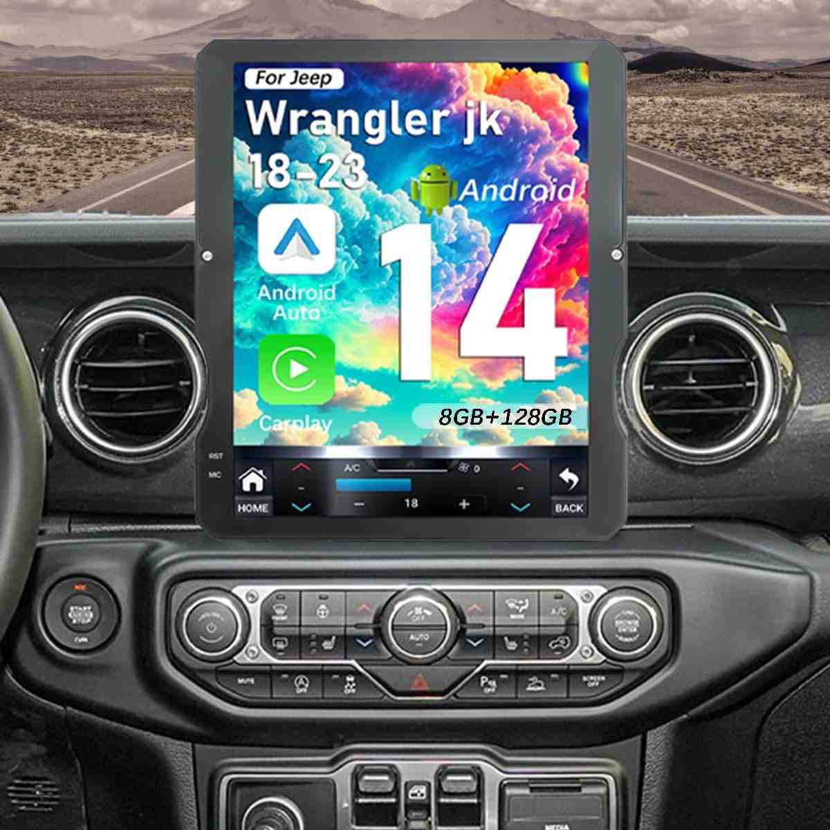Central Multimídia Tesla Style Android 14 para Jeep Wrangler Gladiator 2018-2023 - Tela 30.7cm com Carplay Sem Fio
