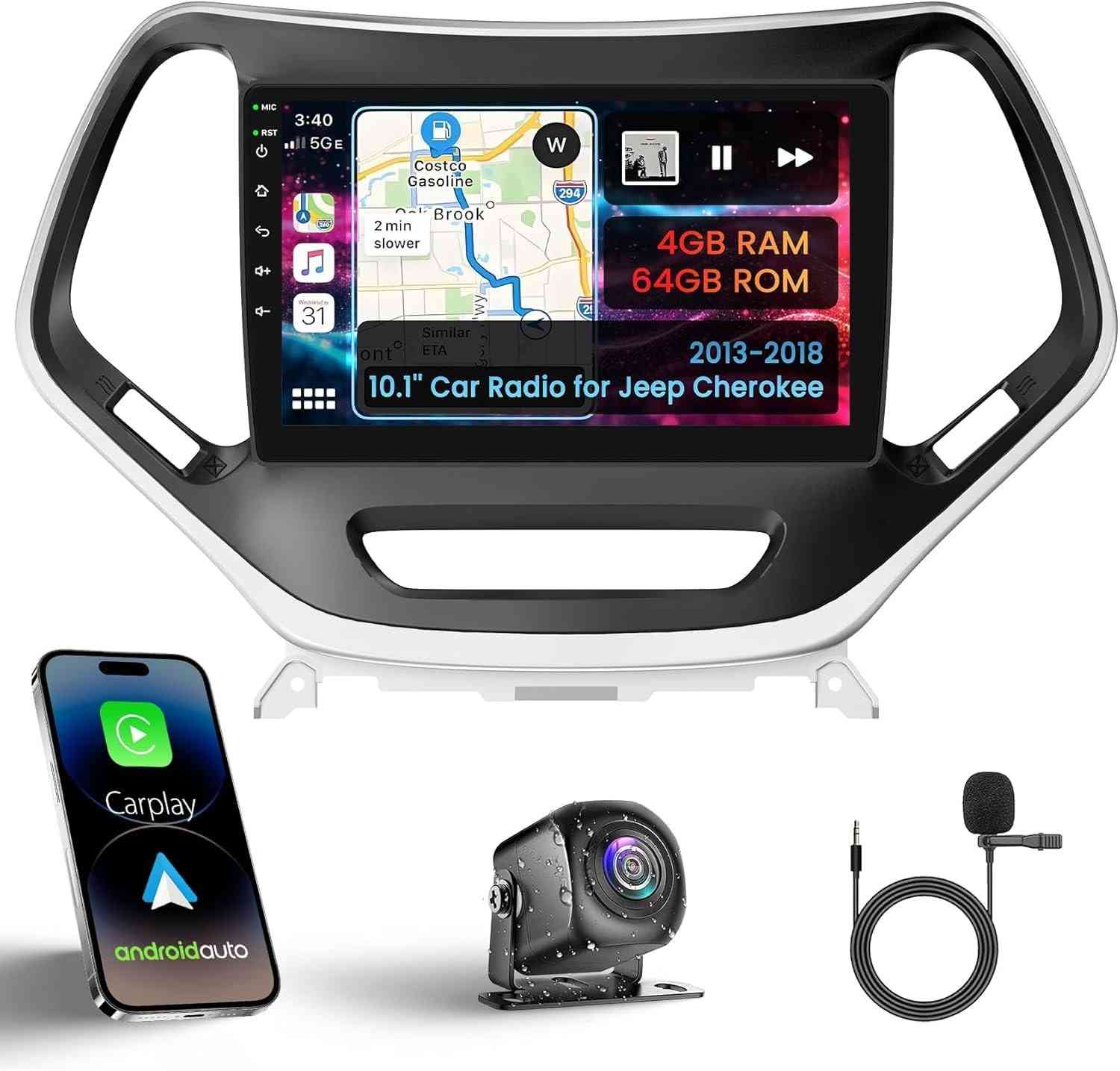 Central Multimídia Jeep Cherokee 2013-2018 Android 10.1" com CarPlay Sem Fio, Android Auto e Câmera HD